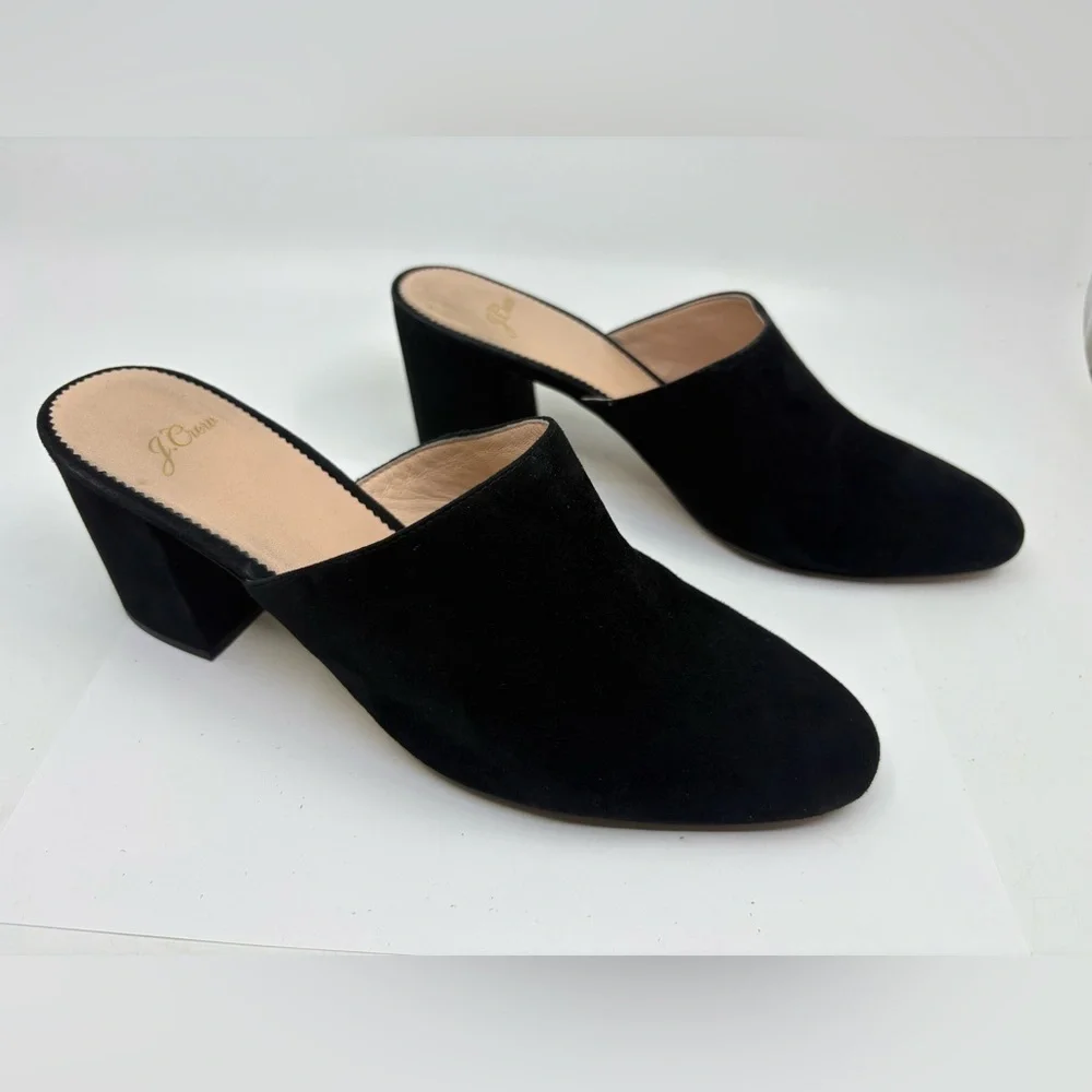 J.‎ Crew Mules Black Suede Leather Slide Block Heels Size 10.5 3” heels